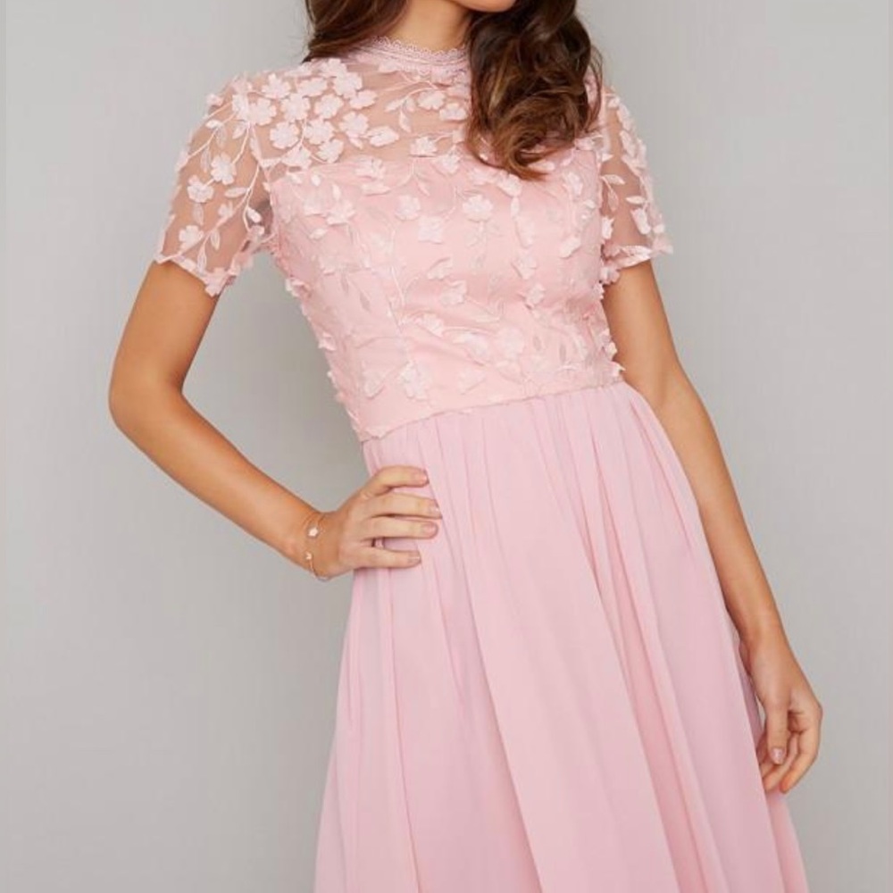 Chi Chi London Light Blush Pink Midi Dress with Floral Appliqué